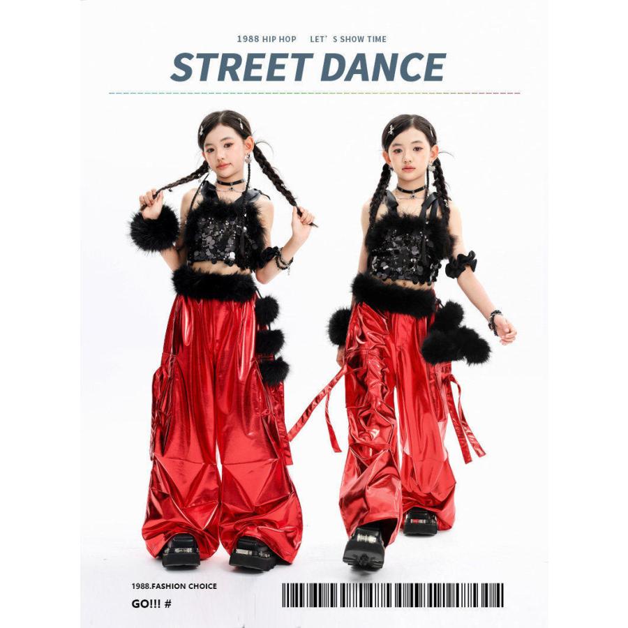 キッズダンス衣装 セットアップ ヒップホップ 衣装 赤 黒 スパンコール