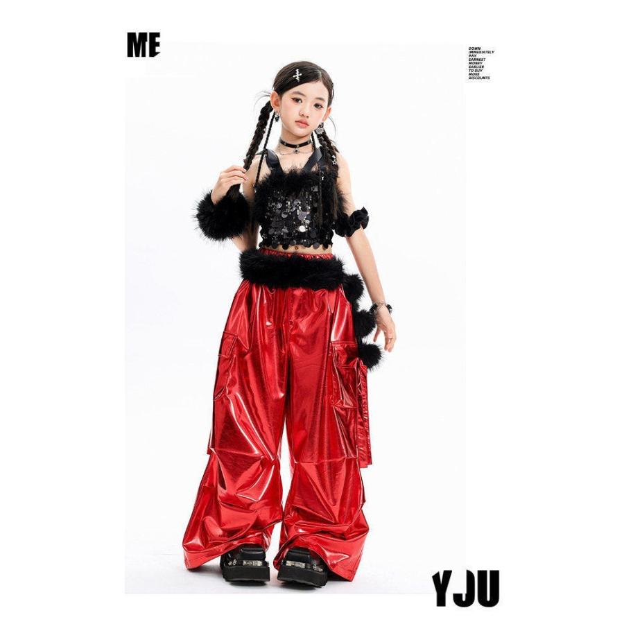 キッズダンス衣装 セットアップ ヒップホップ 衣装 赤 黒 スパンコール
