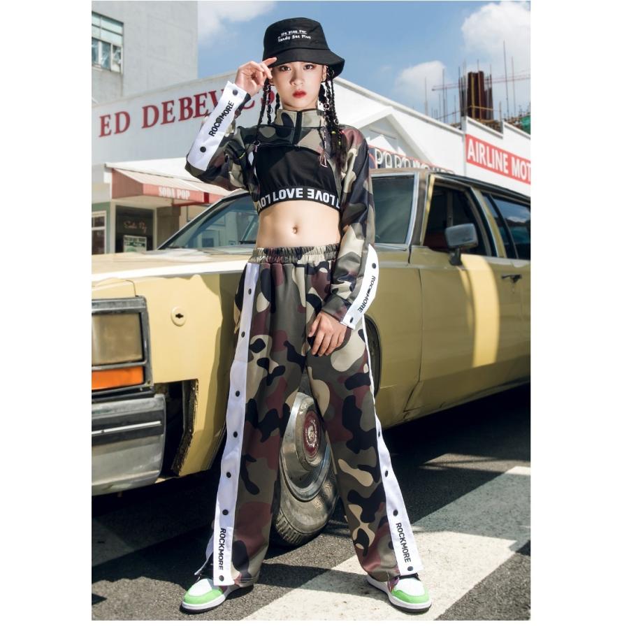 キッズダンス衣装セットアップ 迷彩 へそ出しトップス パンツ ヒップ