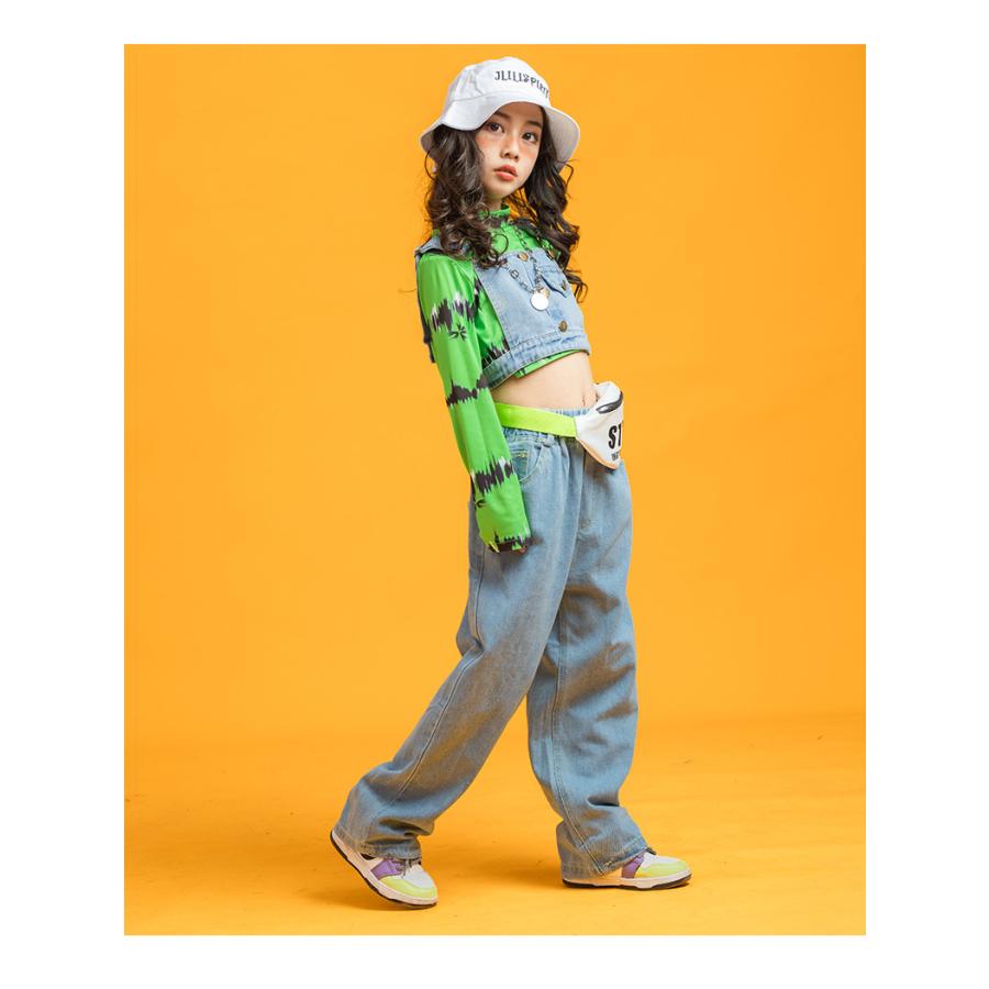 ライムカラー ダンス衣装 ビーズ装飾 ヒップホップ ダンスファッション キッズダンス衣装 セットアップ