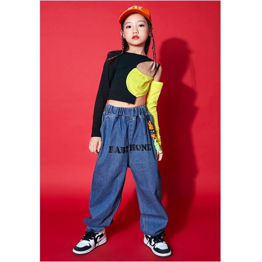 キッズダンス衣装 数量限定 特売 セットアップ ガールズ ヒップホップ ダンスファッション ヘソ出し 肩だし K Pop 黒 トップス 黄色 派手 デニム ジーンズ