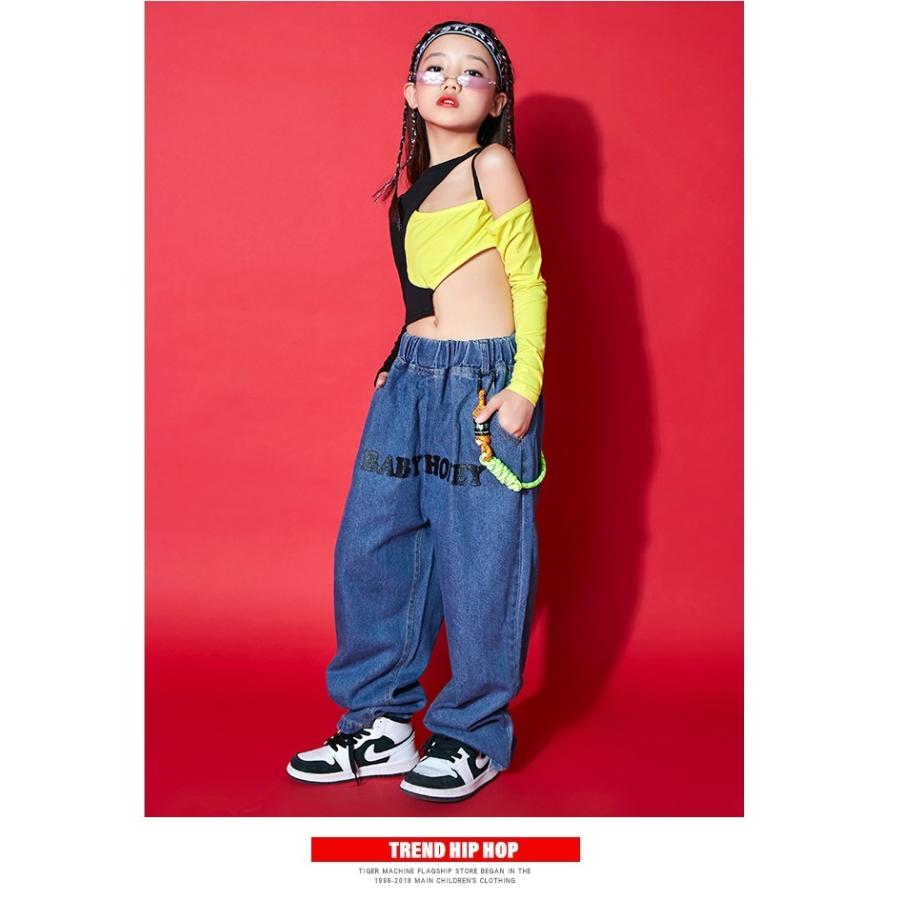 キッズダンス衣装 数量限定 特売 セットアップ ガールズ ヒップホップ ダンスファッション ヘソ出し 肩だし K Pop 黒 トップス 黄色 派手 デニム ジーンズ