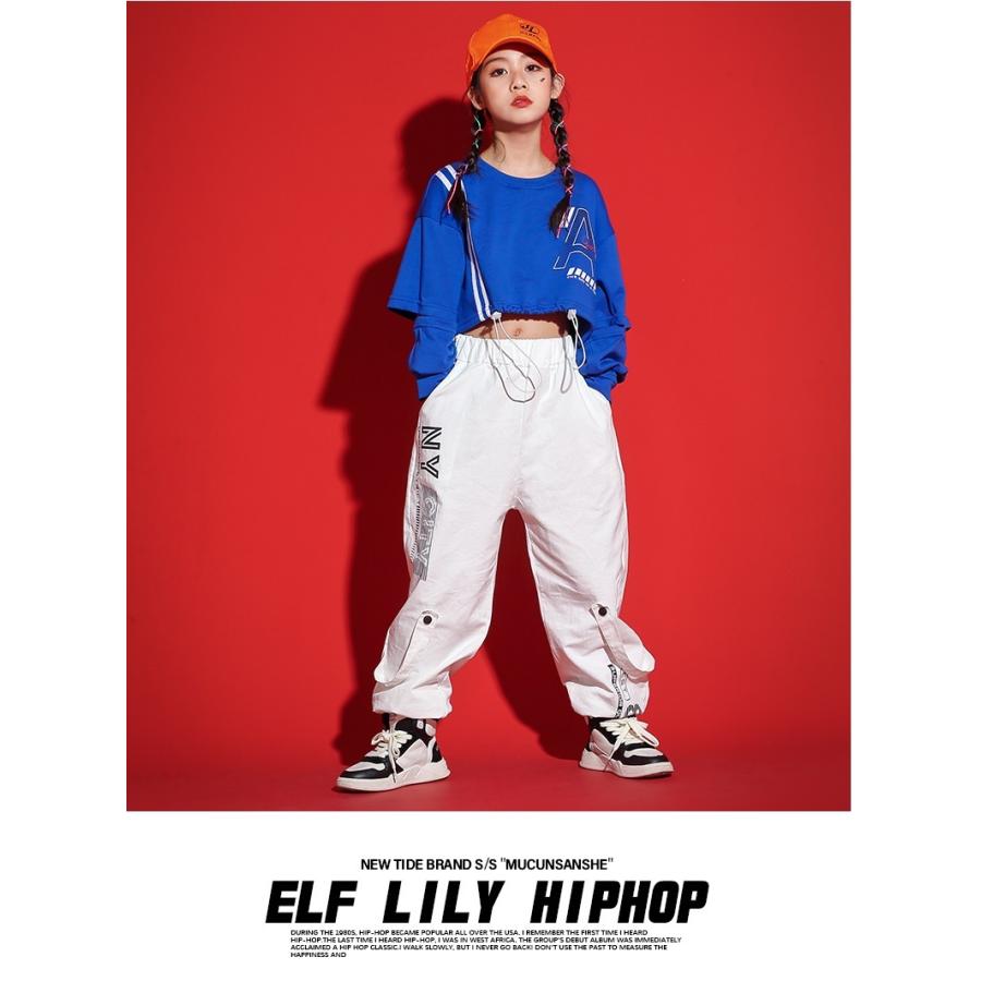 ダンス衣装 キッズ セットアップ ガールズ ヒップホップ ファッション ヘソ出しトップス 保存版 白 韓国 派手 青 パンツ K Pop