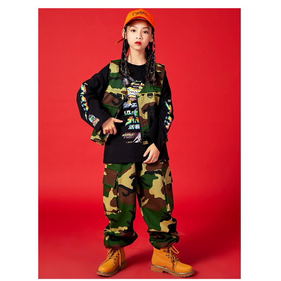 返品交換不可 キッズダンス衣装 セットアップ ヒップホップ ファッション 派手 Tシャツ ベスト 迷彩パンツ 迷彩柄 カモフラージュ ミリタリー K Pop 韓国 黒 カーキ Materialworldblog Com