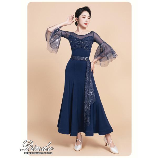 社交ダンストップス ロングスカート レディース 七分袖 レオタート ホック付き キラキラ ラテン チュール モダンドレス　ロング ダンスウエア　競技 練習用 |  | 02