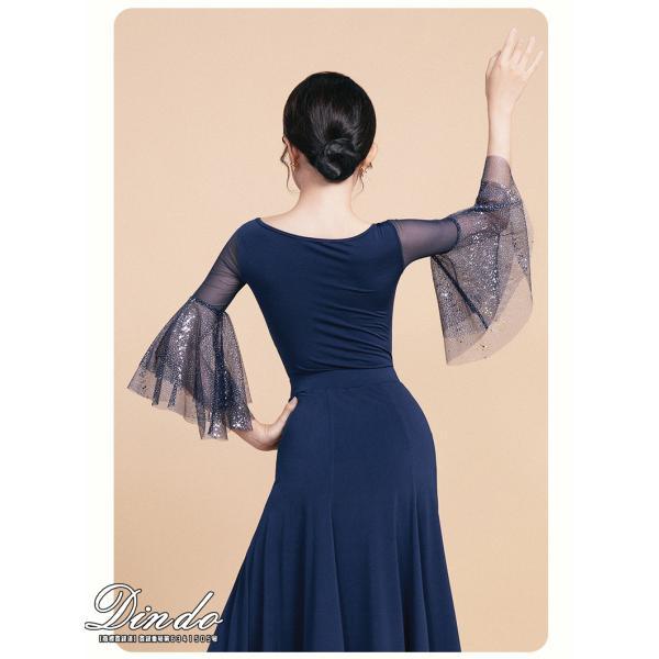 社交ダンストップス ロングスカート レディース 七分袖 レオタート ホック付き キラキラ ラテン チュール モダンドレス　ロング ダンスウエア　競技 練習用 |  | 03