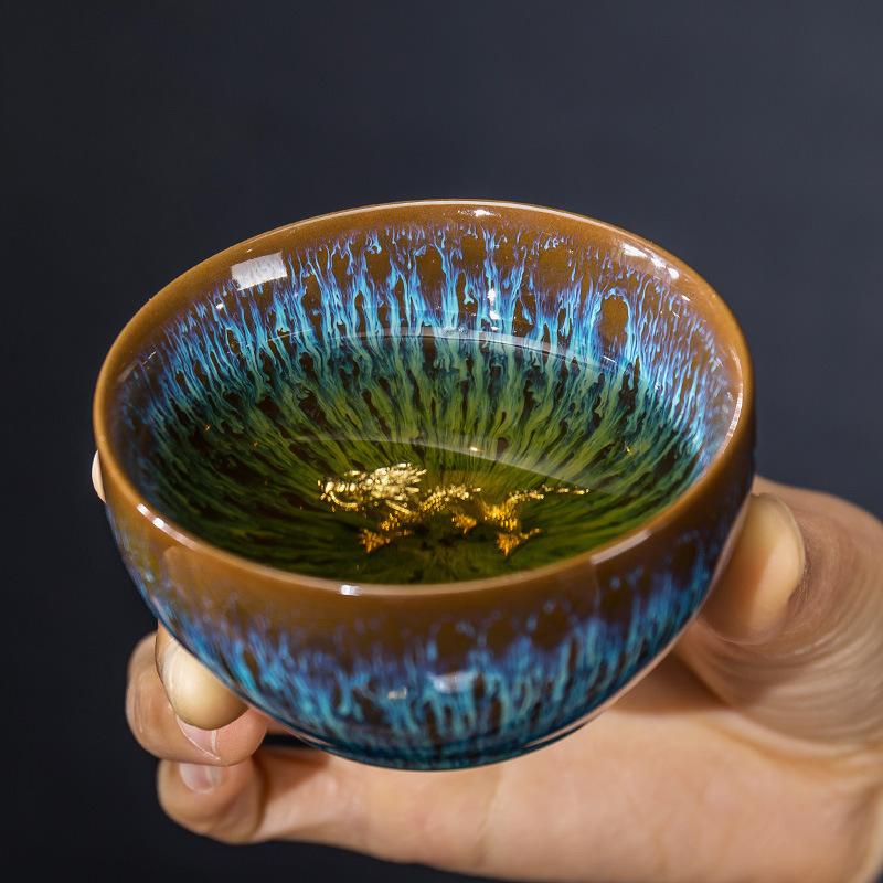 天目茶碗 陶磁器 茶道具 抹茶碗 煎茶碗 陶芸 束口型 古美術 藍色 建窯