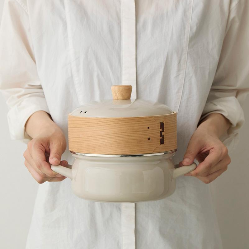 富士ホーロー せいろ付きホーロー鍋 18cm ホワイト グレージュ 2カラー