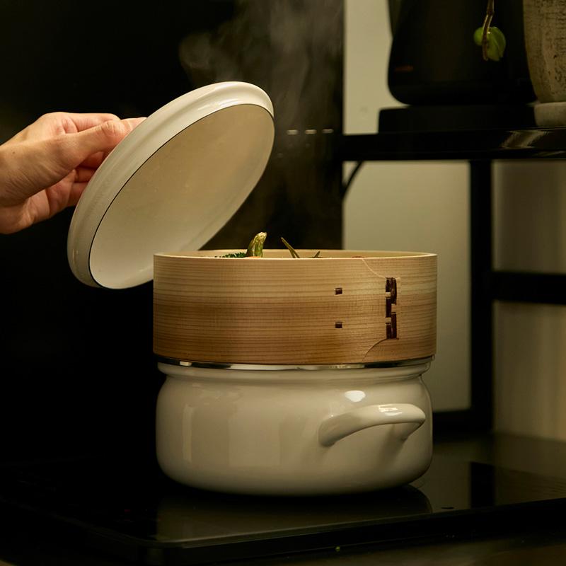 富士ホーロー せいろ付きホーロー鍋 18cm ホワイト グレージュ 2カラー