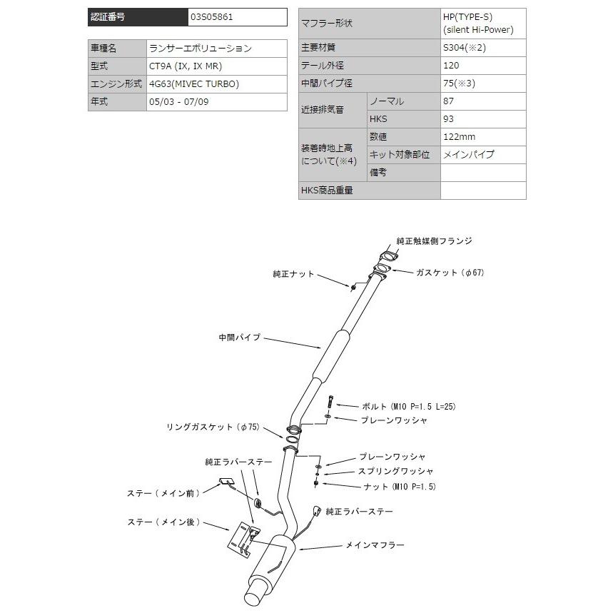 エッチケーエス ランエボ ランサー CT9A (IX IX MR) マフラー マフラー形状HP(TYPE-S) SUS304 31019-AM008 HKS silent Hi-Power サイレントハイパワー｜sincere-y｜03