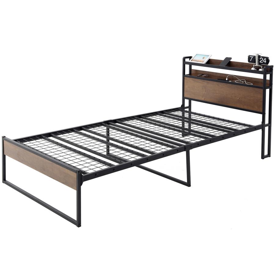 USB&2口コンセント シングルベッド ベッドフレーム 2段宮棚 パイプ