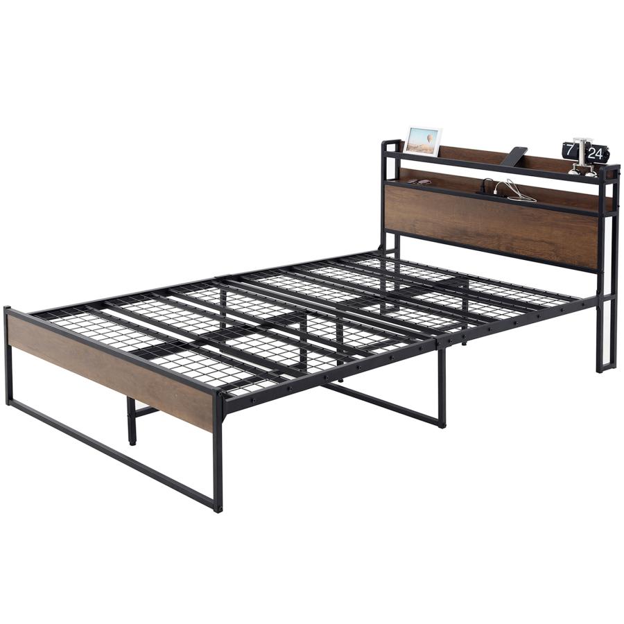 USB&2口コンセント セミダブルベッド ベッドフレーム 2段宮棚 パイプ