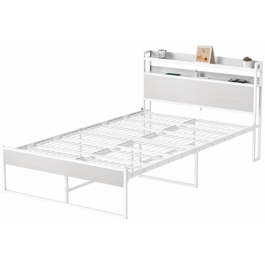 USB&2口コンセント セミダブルベッド ベッドフレーム 2段宮棚 パイプ