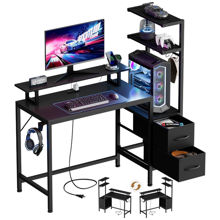 収納付きデスク〈ブラック〉〈ホワイト〉 ゲーミングデスク PCデスク 2段収納ラック付き 左右設置対応 2口
