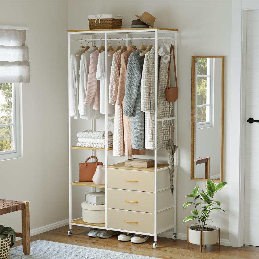 ホワイトハンガーラック・3杯引出し付き板可動式組み替えOK スリムタンス付き ハンガーラック 3杯引き出し付き 棚板可動式 組み替えOK！スリム