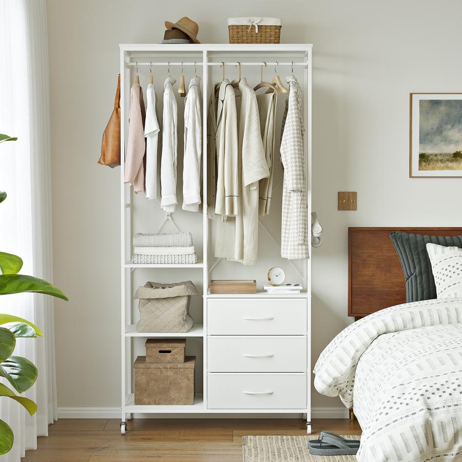 ホワイトハンガーラック・3杯引出し付き板可動式組み替えOK スリムタンス付き ハンガーラック 3杯引き出し付き 棚板可動式 組み替えOK！スリムタンス