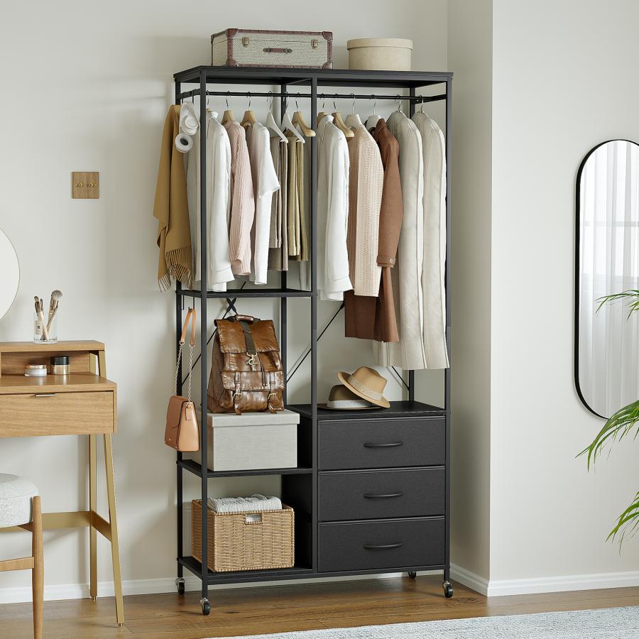 ハンガーラック 3杯引き出し付き 棚板可動式 組み替えOK！スリム