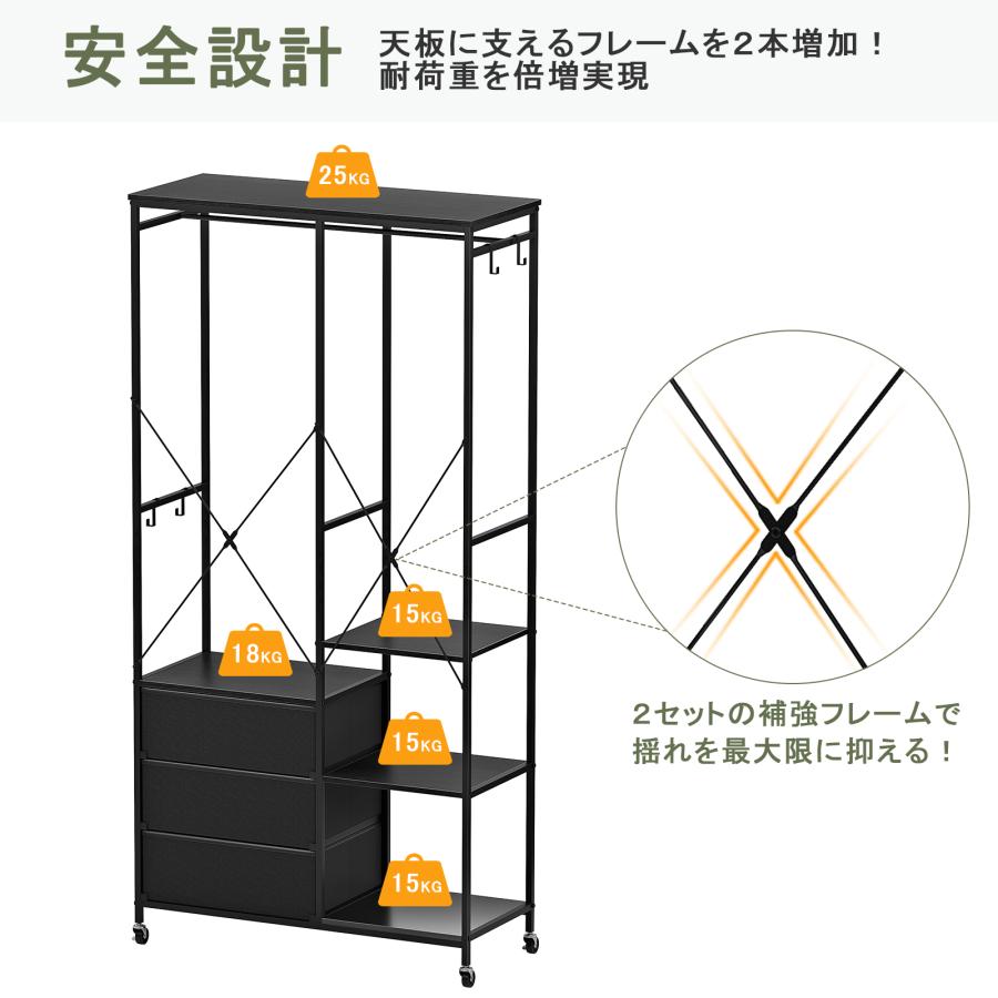 ハンガーラック 3杯引き出し付き 棚板可動式 組み替えOK！スリム