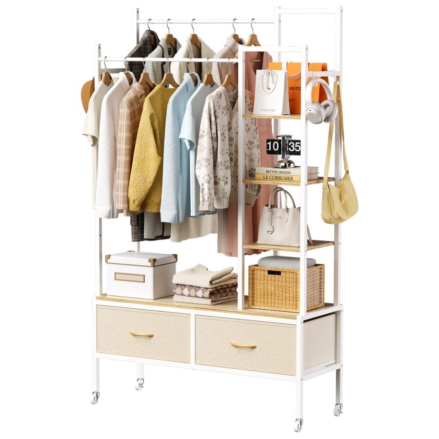 2段 ハンガーラック ダブルタイプ 引き出し付き ワードローブ