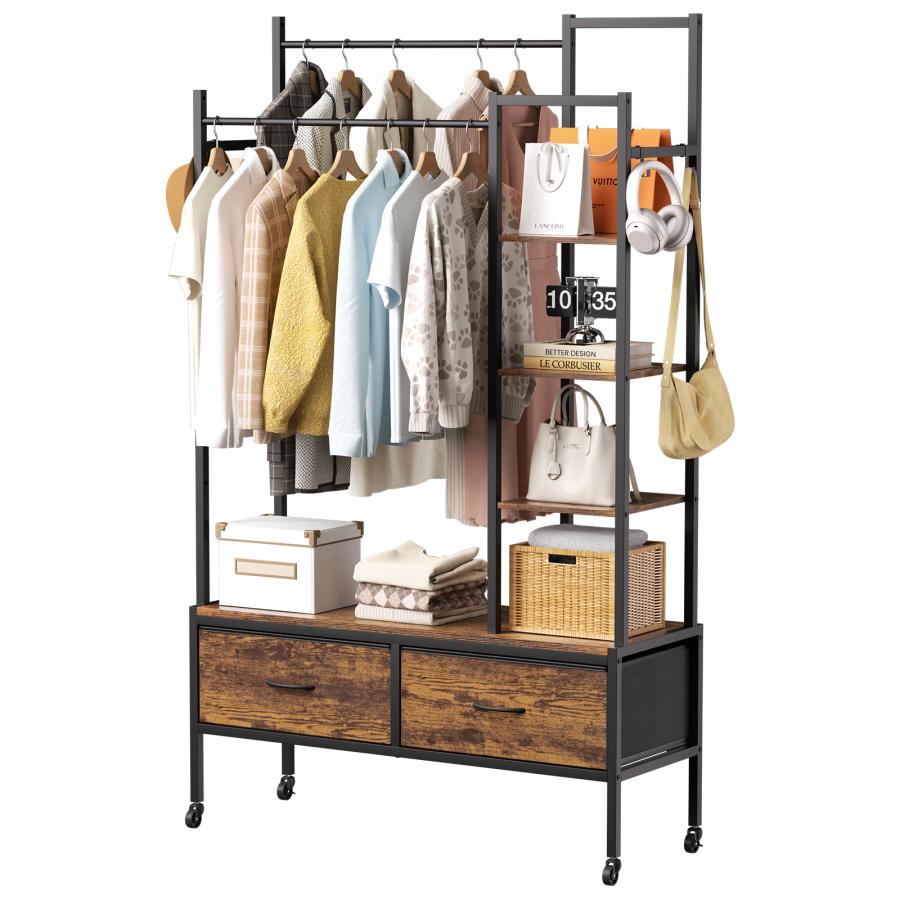 2段 ハンガーラック ダブルタイプ 引き出し付き ワードローブ