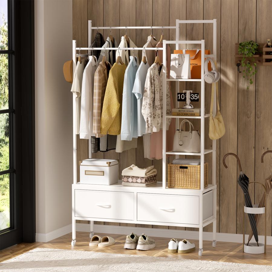 2段 ハンガーラック ダブルタイプ 引き出し付き ワードローブ