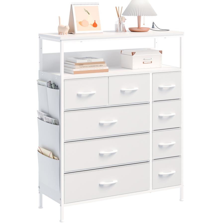 2口コンセント&2段棚 チェスト タンス 側面収納ポケット 洋服