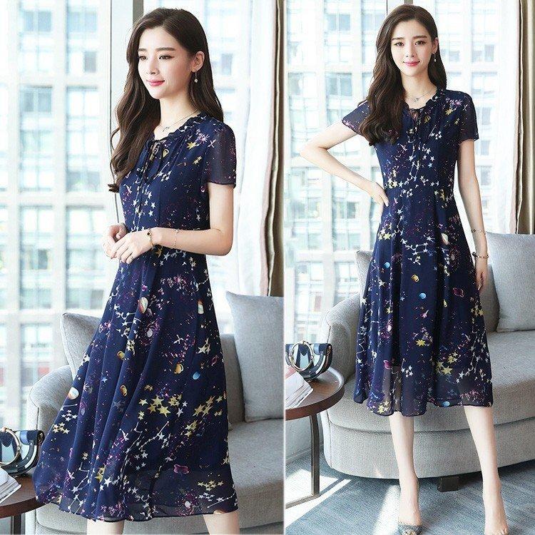 夏新作 レディース 星柄 シフォン ワンピース ミモレ丈 半袖 大人かわいい 着やせ 宇宙柄 ロング丈 夏ワンピ Snk0014 神龍閣 通販 Yahoo ショッピング