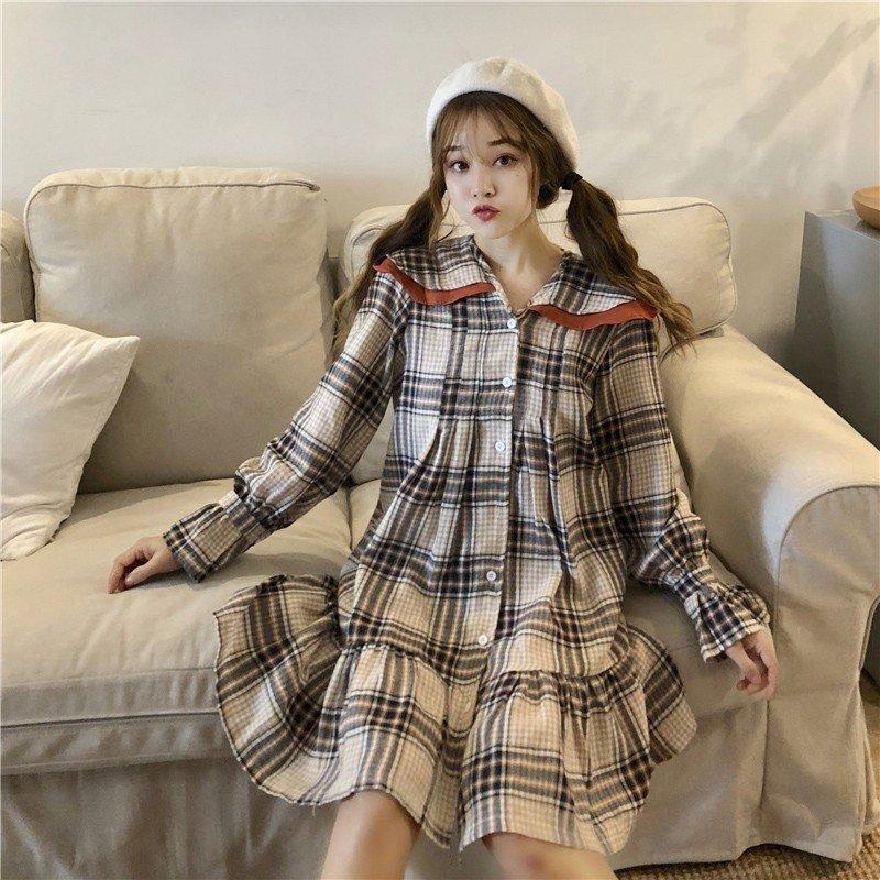 レディースファッション 天然石ターコイズ ワンピース 秋新作 レディース 少女 チェック柄 ワンピース 長袖 丸襟 セーラー服 フリル襟 ダブル 前開き 膝丈スカート ロリータ風 Aライン 着痩せ 可愛い Ucz2tyofas Boulevardrestaurants Com