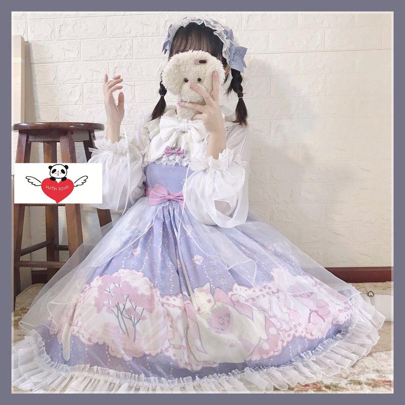 少女風 甘ロリ かわいい 可愛い レース 甘いロリータ ワンピース 猫吊りスカート ロリータファッション ロリータ服 ドレス Lolita パープル Yz3758 神龍閣 通販 Yahoo ショッピング
