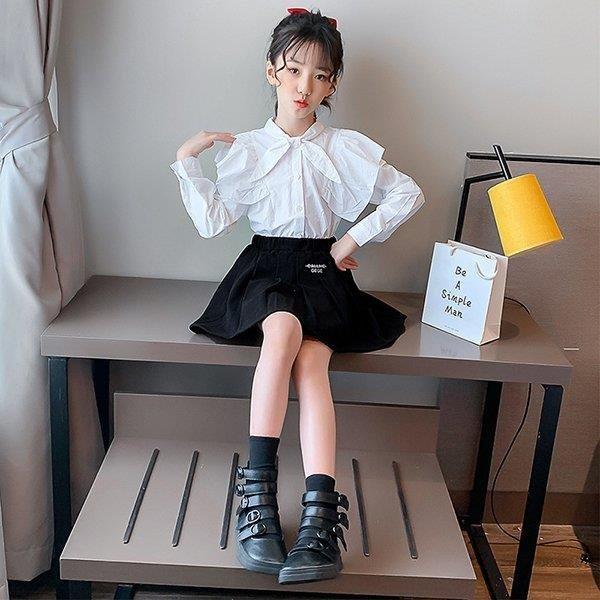 トップス ブラウス シャツ 無地 膝丈スカート ジュニア おしゃれ 可愛い カジュアル 小学生 女児 新品子供服 セットアップ キッズ 女の子 長袖 春秋 上下セット 使い勝手の良い