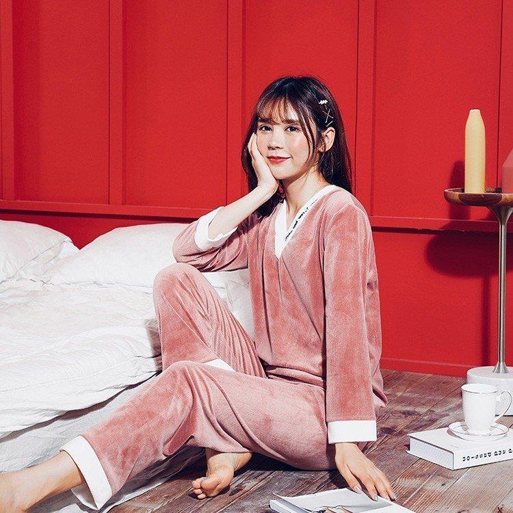 パジャマ 女性 オシャレ 可愛い 部屋着 女性パジャマ新作5色パジャマ 秋 冬 長袖 パジャマ女 ベルベットvネック可愛い Wixhpggrwm ファッション Gradbound Com