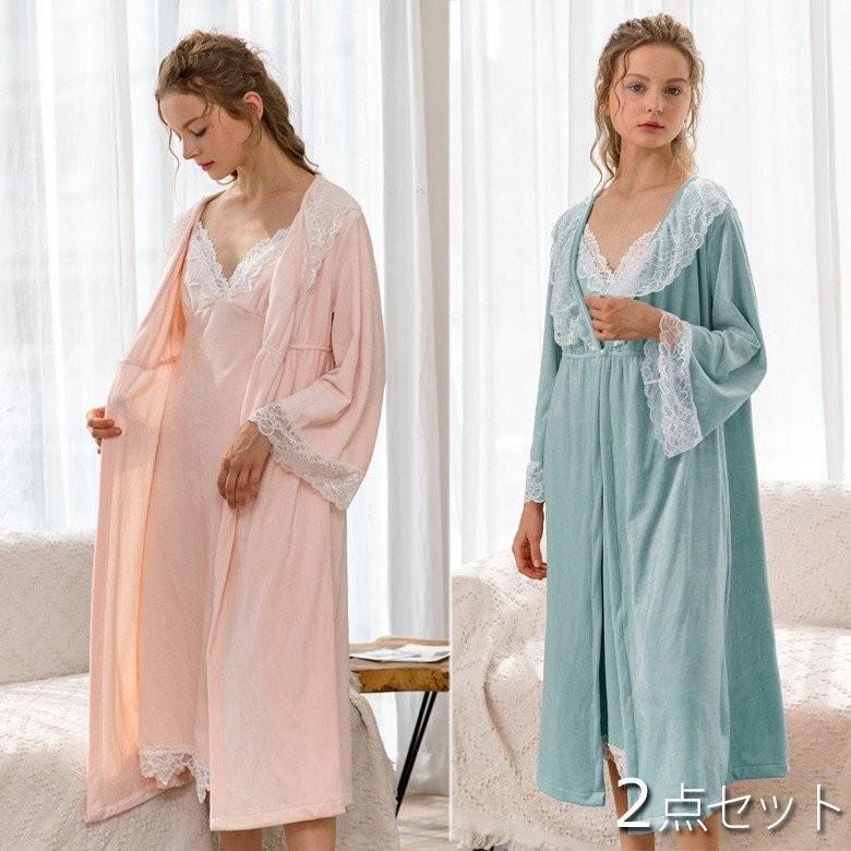 ナイトガウン もこもこ 姫系 ナイトウェア 寝巻き パジャマ レディース レース ルームワンピース ふわもこ Princess 冬用 2点セット ネグリジェ パジャマ 高級ブランド Kec Landasanulin Banjarbarukota Go Id