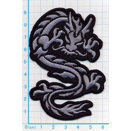 アイロンワッペン/刺繍/アップリケ/ドラゴンM/シルバー(明灰色)/動物