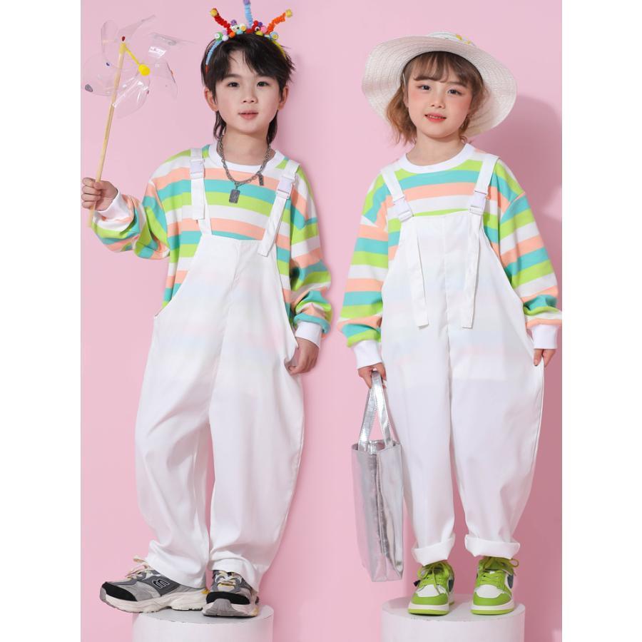 白 サロペット キッズ ダンス 衣装 子供服 セットアップ ヒップホップ ホワイト 真っ白 サロペット オーバーオール マルチカラーストライプ  虹柄 シャツ 半袖 j｜sirosyouzistore｜04