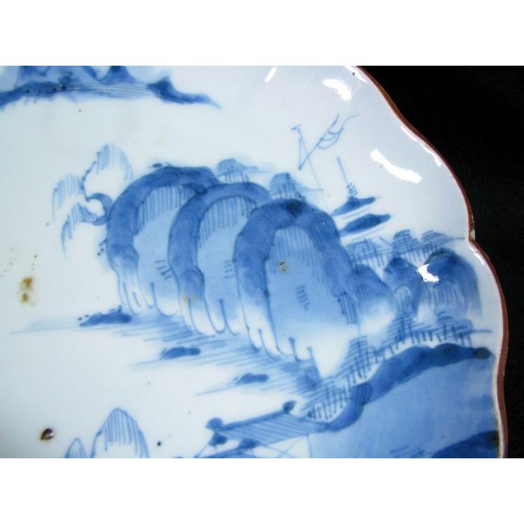 古伊万里、染め付け、三花、楼閣山水、輪花深大皿江戸時代、 古伊万里 染付山水楼閣輪花皿 No5 江戸期/16L55 : 古美術 白渦