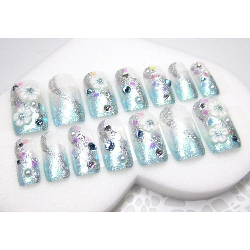 ネイルチップ 和風 オーダー 青花きらら ブルー シルバーラメ ロング ショート Japanese Style Nailchip Aohanakirara シセイル ヤフー店 通販 Yahoo ショッピング