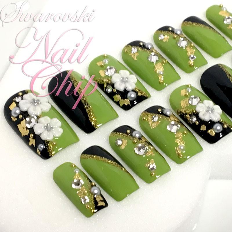 オーダーメイド 和風 成人式　ネイルチップ [舞花] スワロフスキー ロング ショート 14枚組 緑×黒×金色 付け方説明書＆キット付 | 