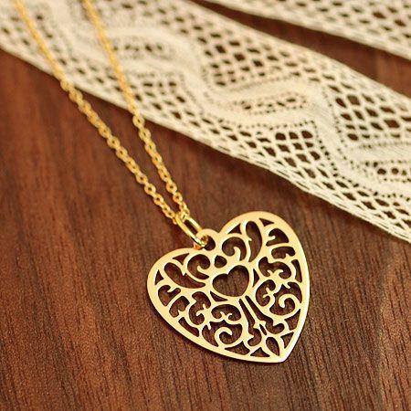 カーキ×インディゴ ネックレス レースワーク ハート セミロング 50cm