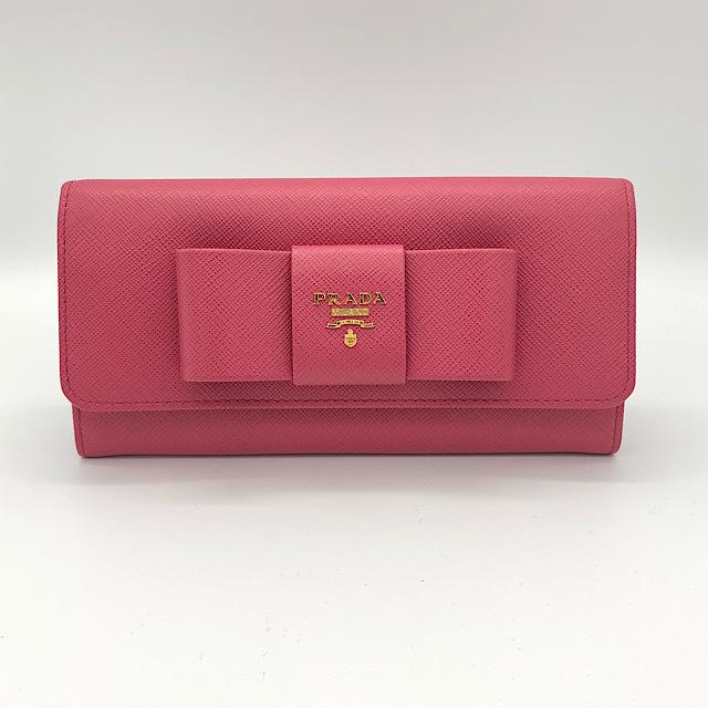 未使用 プラダ サフィアーノ レザー リボン 二つ折り 長財布 パス 