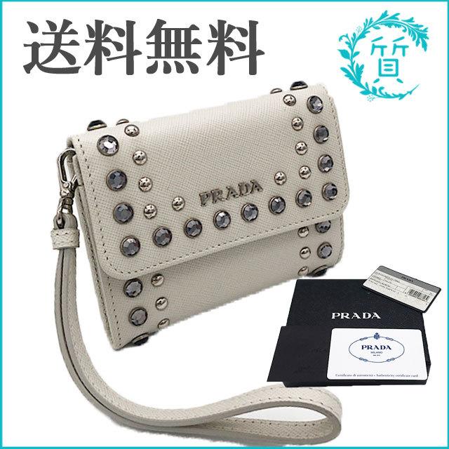 未使用 プラダ サフィアーノ ボルチ 財布 1M1442 レザー スタッズ 小銭入れ リストレット付 コインケース ホワイト PRADA SAFFIANO BORCHI 送料無料｜sitinokura78