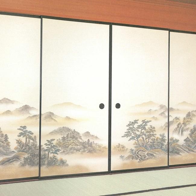 高級織物襖紙　山水画　４枚組　Ｎｏ．８２　（襖/襖紙/ふすま/ふすま紙/糸入り/織物/押入れ/張替) | 