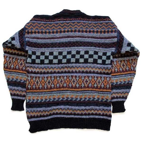 古着　ウルグアイニット　総柄ニット　ウールニット　えんじ　Vネック　ラグランL. 古着 ウルグアイニット 総柄ニット ウールニット えんじ Vネック