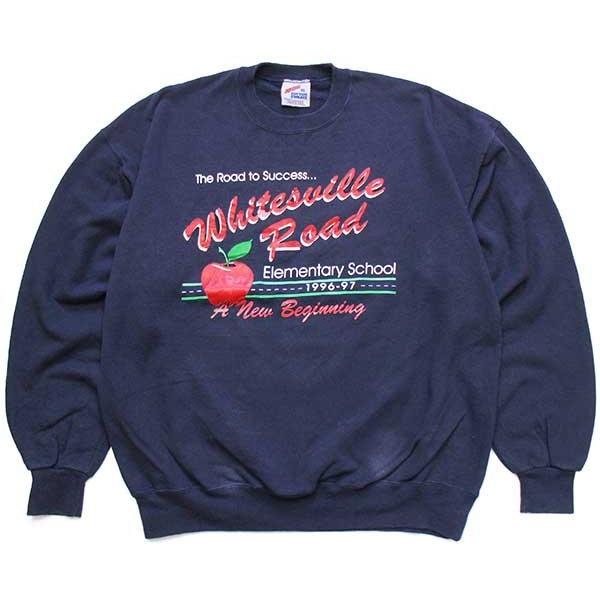 90s USA製 Whitesville Road Elementary School アップル 鹿の子 スウェット 紺 XL★オールド