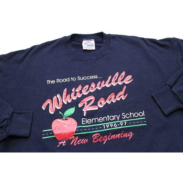 90s USA製 Whitesville Road Elementary School アップル 鹿の子 スウェット 紺 XL★オールド
