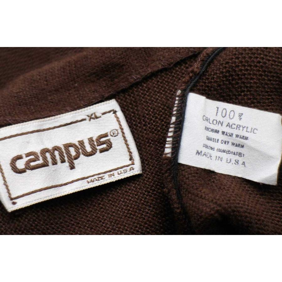 80s USA製 CAMPUS 無地 パール編み アクリルニット カーディガン 茶 XL