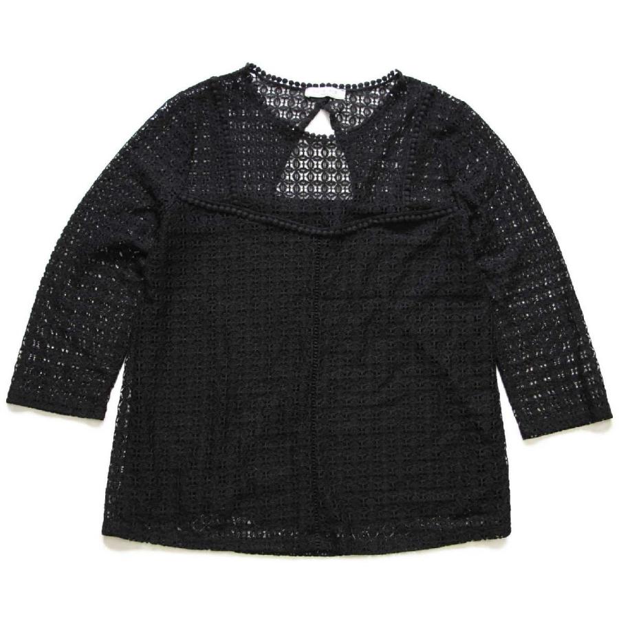 フランス製 purple's ノーカラー 編み柄 切り替え レース 七分袖 ニット ブラウス ブラック★ユーロ ヨーロッパ デザイン 黒 フランス製 purple's ノーカラー 編み柄 切り替え レース 七分袖