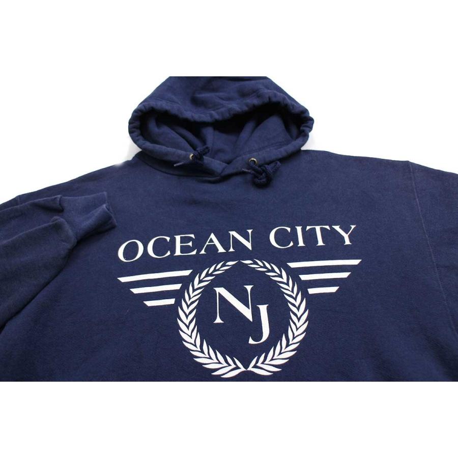 90s USA製 OCEAN CITY NJ スウェットパーカー 紺 M☆オールド