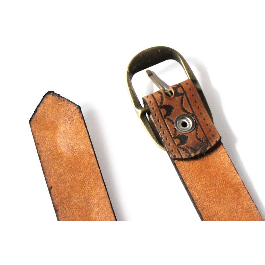 新品★USA製 BRACKNEY LEATHER WORKS スカラップパターン 型押し レザーベルト ブラウン 34★本革 茶 カービング ウェーブ トライバル