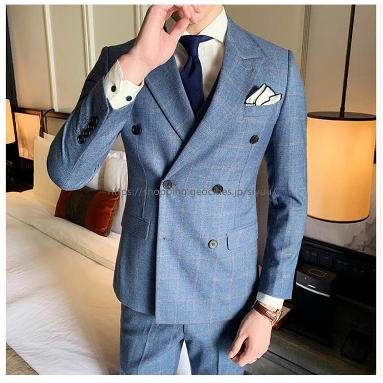 メンズスーツ 3点セットスーツ お洒落 カッコイイ ダブルボタンスーツ チェック柄 ビジネススーツ フォーマルスーツ 二次会 卒業式 就職活 成人式 披露宴 結婚式 割引購入 カッコイイ