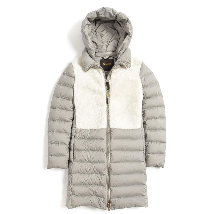 着後レビューで 送料無料 Acero Moorer ムーレー 38 サイズ Mop ライトグレー ナイロン レディース 秋冬 フード付き スタンドカラー ミディアム丈 コート ダウン コート アウター Www Mohanvilaas Com